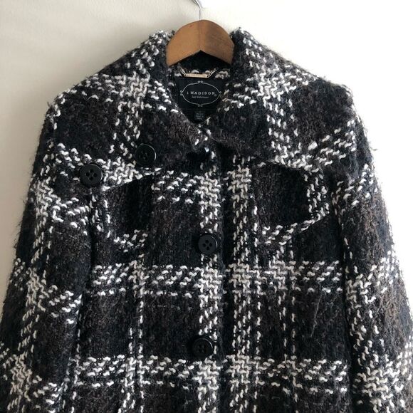 1 Madison Luxe Cozy Outerwear Wool Plaid Knit Winter Pea Coat Jacket - Picture 2 of 15